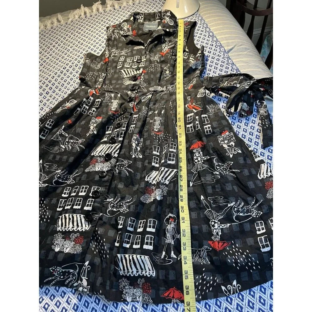 ModCloth Dress L Black Cotton Button Front Fit & Flare Novelty Print Belted - Picture 9 of 11